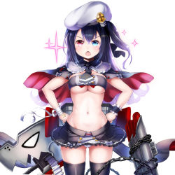 Rule 34 | 1girl, azur lane, beret, black thighhighs, breasts, cape, chain, hair between eyes, hands on own hips, hat, heterochromia, long hair, looking at viewer, medium breasts, navel, necktie, nitchi, open mouth, panties, purple hair, simple background, solo, sparkle, standing, stomach, strapless, thighhighs, torpedo tubes, tube top, underboob, underwear, white background, white panties, z36 (azur lane)