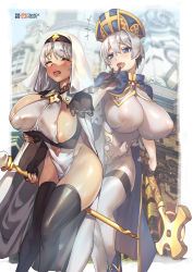 Rule 34 | +++, 2girls, blue eyes, blush, bodysuit, breasts, cleavage, cleric, closed eyes, collar, covered erect nipples, curvy, fang, fantasy, gloves, grey hair, hair between eyes, hat, highres, huge breasts, large breasts, long hair, mature female, mitre, mother and daughter, multiple girls, navel, open mouth, plump, priestess, revealing clothes, shiny clothes, shiny skin, short hair, skin fang, skin tight, smile, tamada heijun, thick thighs, thighhighs, thighs, uzaki-chan wa asobitai!, uzaki hana, uzaki tsuki, wide hips