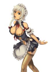 Rule 34 | 1girl, absurdres, alternate color, bare shoulders, black eyes, braid, breasts, choker, cleavage, female focus, fishnets, frills, highres, izayoi sakuya, large breasts, looking at viewer, maid, maid headdress, open mouth, parted lips, pocket watch, ribbon, ribbon choker, skirt, smile, solo, takibi (tamikyo), tan, thighhighs, touhou, watch, white hair