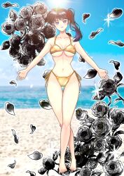 1girl barefoot beach bikini black_flower black_hair black_rose breasts cleavage flower gold_bikini highres kunou_kodachi large_breasts looking_at_viewer navel purple_eyes ranma_1/2 rose smile solo swimsuit yuzukawa_ryo