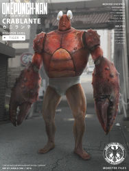 Rule 34 | 1boy, 2016, barefoot, blurry, blurry background, building, bulge, cityscape, commentary, crab, crablante, damaged, dated, english commentary, highres, jarold sng, monster, muscular, muscular male, mutant, one-punch man, pincers, realistic, road, science fiction, signature, street, underwear