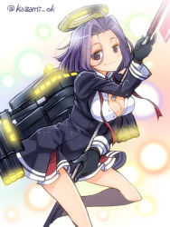 Rule 34 | 10s, 1girl, between breasts, breasts, glaive (polearm), gloves, halo, kantai collection, kazami miki, mecha musume, mechanical halo, morino (t morino), polearm, purple eyes, purple hair, school uniform, short hair, skirt, smile, solo, standing, standing on one leg, tatsuta (kancolle), turret, twitter username, untied, weapon
