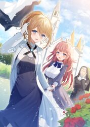 Rule 34 | 3girls, :d, black dress, black skirt, blonde hair, blue eyes, blue sky, blush, breasts, brown hair, center frills, church, closed eyes, cloud, cloudy sky, commentary request, commission, copyright request, cross, day, dress, flower, frills, gloves, habit, highres, holding hands, jacket, large breasts, latin cross, long hair, long sleeves, multiple girls, myusha, nun, open clothes, open jacket, open mouth, outdoors, ponytail, puffy long sleeves, puffy sleeves, red flower, red rose, rose, rose bush, shirt, skirt, sky, small breasts, smile, tower, very long hair, white gloves, white jacket, white shirt, white skirt