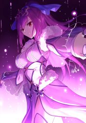 Rule 34 | 1girl, absurdres, breasts, closed mouth, dress, fate/grand order, fate (series), fur trim, gogatsu fukuin, gradient background, hair between eyes, hair ribbon, highres, large breasts, long hair, looking at viewer, ponytail, purple dress, purple hair, red eyes, ribbon, scathach (fate), scathach skadi (fate), scathach skadi (third ascension) (fate), smile, solo, tiara