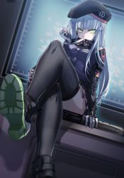 Rule 34 | 1girl, ankle boots, arm at side, assault rifle, backlighting, bandaged hand, bandages, black footwear, black hat, black thighhighs, blood, bloody bandages, blue hair, boots, breasts, convenient leg, crossed legs, desk, dutch angle, facial mark, german flag, girls&#039; frontline, gloves, goggles, goggles around neck, green eyes, gun, h&amp;k hk416, hair ornament, hand up, hat, heckler &amp; koch, high collar, highres, hk416 (girls&#039; frontline), indoors, long hair, long sleeves, map, medium breasts, military, military uniform, miniskirt, mouth hold, on desk, plaid, plaid skirt, pleated skirt, puririririn, purple skirt, rifle, screen light, shoe soles, sitting, skirt, solo, straight hair, thighhighs, uniform, v-shaped eyebrows, very long hair, weapon, white gloves