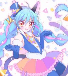 Rule 34 | 1girl, animal ears, blue gloves, blue hair, blush, braid, cat ears, cat tail, cure cosmo, extra ears, fur-trimmed gloves, fur trim, gloves, hair between eyes, hat, highres, kojikoji, long hair, looking at viewer, magical girl, mini hat, mini top hat, multicolored clothes, multicolored hair, multicolored skirt, paw pose, pink hair, precure, rainbow skirt, skirt, smile, solo, star twinkle precure, tail, tail ornament, tail ring, tongue, tongue out, top hat, twin braids, yellow eyes, yuni (precure)