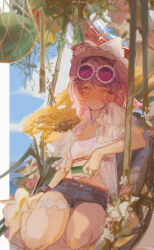 1girl absurdres animal animal_ears animal_on_head arknights bikini black_shorts breasts cat cat_ears cat_girl cat_on_head cat_tail closed_mouth eyewear_on_head flower food food-themed_hair_ornament goldenglow_(arknights) goldenglow_(summer_flowers)_(arknights) hair_ornament hat highres looking_at_viewer official_alternate_costume on_head pink_hair purple-tinted_eyewear shorts sk0000112 smile solo sunflower sunglasses swimsuit tail tinted_eyewear watermelon_hair_ornament yellow_eyes