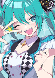 Rule 34 | 1girl, ;d, absurdres, aqua eyes, aqua hair, buttons, dress, frilled dress, frills, hair between eyes, hair ornament, hatsune miku, highres, jewelry, long hair, more more jump! miku, nekoma hikaru, one eye closed, open mouth, project sekai, smile, solo, star (symbol), twintails, v over eye, very long hair, vocaloid