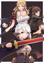 Rule 34 | 4girls, absurdres, ange (princess principal), bare shoulders, belt, black cape, black capelet, black hair, blonde hair, blue eyes, braid, breasts, brown hair, cape, capelet, cleavage, covered mouth, cross-laced clothes, dorothy (princess principal), elbow gloves, flower, gloves, hair bun, hair flower, hair ornament, highres, kumori (pixiv24446782), looking back, lunging, multiple girls, pouch, princess (princess principal), princess principal, purple eyes, single hair bun, standing, sword, toudou chise, weapon, white hair