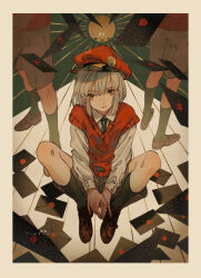 3boys blunt_bangs brown_eyes brown_footwear buttons collared_shirt green_necktie grey_hair grey_shorts highres letter looking_at_viewer medium_hair multiple_boys necktie original red_sweater shirt shorts sitting smile socks sweater sweater_vest tsubonari white_hair