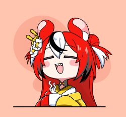 Rule 34 | 1girl, animal ears, blush, closed eyes, cup, flower, hair flower, hair ornament, hakos baelz, hakos baelz (new year), hololive, hololive english, japanese clothes, jb jagbung, kimono, long hair, mouse ears, mug, multicolored clothes, multicolored hair, official alternate costume, red hair, simple background, smile, solo, streaked hair, virtual youtuber