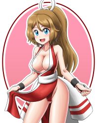 Rule 34 | 1girl, :d, areola slip, blue eyes, breasts, cleavage, cosplay, creatures (company), fatal fury, game freak, hair ornament, highres, large breasts, light brown hair, long hair, looking at viewer, nintendo, open mouth, panties, pantyshot, pokemon, pokemon (anime), pokemon xy (anime), ponytail, red panties, serena (pokemon), shiranui mai, shiranui mai (cosplay), shougun (chuckni1), smile, solo, the king of fighters, underwear