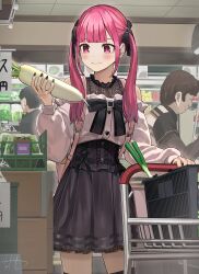 Rule 34 | 1girl, 2boys, absurdres, artist name, black bow, black nails, black skirt, black thighhighs, blush, bow, buttons, closed mouth, fang, fingernails, food, highres, hinamizawa hinami (tetto), holding, holding food, holding vegetable, indoors, long hair, long sleeves, multiple boys, nail polish, original, pink eyes, pink hair, pink shirt, pleated skirt, puffy long sleeves, puffy sleeves, radish, shirt, shopping cart, signature, skin fang, skirt, spring onion, supermarket, tetto (onnoveltet), thighhighs, twintails, vegetable