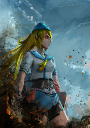 Rule 34 | 1girl, absurdres, aircraft, american flag, blonde hair, blood, blood on face, bloody tears, blue hat, blue sky, bodysuit, broken, closed mouth, collarbone, cowboy shot, damaged, day, fire, garrison cap, hat, highres, iowa (iowa in rest), johnston (warship girls r), long hair, looking to the side, machinery, outdoors, red eyes, sailor collar, shirt, short sleeves, shorts, sky, smoke, solo, torn clothes, twintails, warship girls r, white shirt