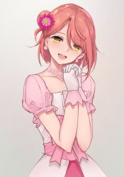Rule 34 | 1girl, :d, absurdres, blush, brown hair, commentary request, dress, earrings, flower, gloves, grey background, hair between eyes, hair bun, hair flower, hair ornament, hands up, head tilt, highres, interlocked fingers, jewelry, love live!, love live! nijigasaki high school idol club, one side up, open mouth, osisio, own hands clasped, own hands together, puffy short sleeves, puffy sleeves, purple flower, short sleeves, side bun, single hair bun, single side bun, smile, solo, uehara ayumu, white dress, white gloves, yellow eyes