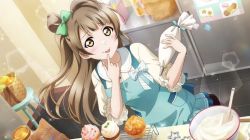 Rule 34 | 1girl, apron, artist name, artist request, blush, bow, brown eyes, brown hair, collarbone, cooking, female focus, green apron, green bow, grey hair, hair bow, kitchen, light brown hair, light brown shirt, long hair, looking at viewer, love live!, love live! school idol festival, love live! school idol festival all stars, love live! school idol project, minami kotori, parted lips, puffy short sleeves, puffy sleeves, short sleeves, smile, solo