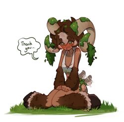 Rule 34 | 1girl, animal ears, bare shoulders, body freckles, breasts, brown hair, commentary, crop top, curled horns, dark-skinned female, dark skin, english commentary, english text, freckles, goat ears, goat tail, green eyes, highres, hooves, horizontal pupils, horns, large horns, messy hair, midriff, monster girl, moss, multicolored hair, open mouth, original, satyr, short hair, shoulder blush, simple background, small breasts, solo, speech bubble, tank top, toriidoki, two-tone hair, vine belt, white background, white hair, white tank top, willow (toriidoki)