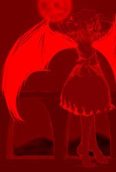 Rule 34 | 1girl, back, barefoot, bat wings, dress, female focus, full moon, hat, highres, inuyori, legs, looking back, monochrome, moon, outdoors, profile, red moon, red sky, red theme, remilia scarlet, short hair, sky, solo, standing, touhou, wings