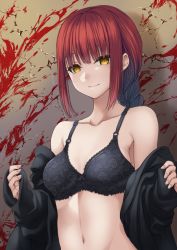 Rule 34 | 1girl, against wall, black bra, blood, blood splatter, blunt bangs, bra, braid, braided ponytail, breasts, chainsaw man, cleavage, closed mouth, collarbone, lingerie, long hair, low ponytail, makima (chainsaw man), minase (dragon panda), navel, red hair, small breasts, smile, solo, underwear, upper body, yellow eyes