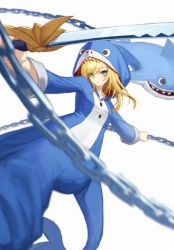 Rule 34 | 1girl, :i, animal costume, blonde hair, chain, closed mouth, fins, fish tail, grand admiral marina, green eyes, guardian tales, highres, holding, holding weapon, katana, looking at viewer, official alternate costume, shark costume, shark tail, soeyumi, swept bangs, sword, tail, weapon, white background