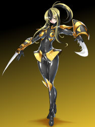 Rule 34 | 1girl, arm blade, arthropod girl, bee girl, black hair, blonde hair, bodysuit, breasts, gradient background, highres, insect girl, latex, maron (kagamikunn), multicolored hair, original, ponytail, shiny clothes, skin tight, smile, weapon, yellow eyes