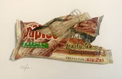 candy chie_t19690428 colored_pencil_(medium) food food_focus food_packaging highres no_humans object_focus original photorealistic realistic signature still_life traditional_media white_background