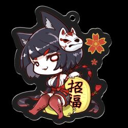 Rule 34 | 1girl, animal ear fluff, animal ears, azur lane, black hair, black kimono, black sleeves, bow, breasts, chibi, cleavage, commentary request, detached sleeves, eyes visible through hair, full body, himajin (fd jin), japanese clothes, charm (object), kimono, looking at viewer, manjuu (azur lane), mask, mask on head, medium breasts, mismatched eyebrows, obi, parted lips, red bow, red sash, red thighhighs, rope, sash, short hair, sideboob, simple background, sitting, sleeveless, sleeveless kimono, solo, thighhighs, torn clothes, torn thighhighs, transparent background, waist bow, wavy mouth, white eyes, wide sleeves, yamashiro (azur lane), yamashiro (meta) (azur lane)