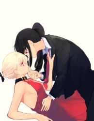 Rule 34 | 2girls, absurdres, black collar, black hair, blonde hair, collar, dress, formal, from side, hand on another&#039;s chest, hand on another&#039;s chin, highres, inoue takina, le letiv, lycoris recoil, multiple girls, necktie, nishikigi chisato, purple eyes, red dress, red eyes, red necktie, suit, yuri
