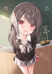 Rule 34 | 1girl, ai ai gasa, artist name, bad id, bad pixiv id, black cardigan, blurry, blurry background, blush, bow, box, brown hair, cardigan, collarbone, collared shirt, commentary request, depth of field, fang, gift, gift box, grey bow, grey skirt, hair ornament, hairclip, heart, heart-shaped box, heart hair ornament, highres, indoors, leaning forward, long hair, looking at viewer, mafuyu (chibi21), open mouth, original, plaid, plaid bow, plaid skirt, red eyes, school uniform, shirt, signature, skirt, solo, white shirt