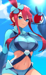 Rule 34 | 1girl, absurdres, blue eyes, blue gloves, blue jacket, blue shorts, breasts, closed mouth, cloud, commentary request, creatures (company), cropped jacket, day, game freak, gloves, hair ornament, hand up, highres, holding, holding poke ball, jacket, kunimaki, large breasts, midriff, navel, nintendo, one side up, outdoors, pink hair, poke ball, poke ball (basic), pokemon, pokemon bw, short hair with long locks, short shorts, shorts, sidelocks, sky, skyla (pokemon), smile, solo, turtleneck, w
