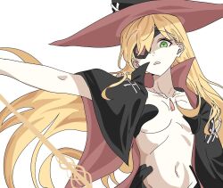 Rule 34 | 1girl, black cape, black hat, blonde hair, breasts, cape, collarbone, eyepatch, green eyes, gungnir (toaru), hat, highres, holding, holding polearm, holding weapon, katze (spongebob792), long hair, looking at viewer, medium breasts, navel, open mouth, othinus, partially shaded face, polearm, revealing clothes, solo, toaru majutsu no index, toaru majutsu no index: new testament, two-sided cape, two-sided fabric, two-sided headwear, upper body, very long hair, weapon, white background, witch hat