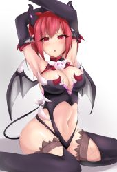Rule 34 | 1girl, :o, absurdres, armpits, arms up, asla yu, bare shoulders, black leotard, black thighhighs, blush, breasts, bridal gauntlets, clothing cutout, demon girl, demon horns, demon tail, demon wings, elsword, fang, gradient background, half-closed eyes, halterneck, head wings, heart cutout, highres, hip focus, horns, karis (elsword), large breasts, leotard, long hair, looking at viewer, navel, navel cutout, open mouth, penis, red eyes, red hair, revealing clothes, short hair, short twintails, sitting, solo, spikes, stomach, tail, thighhighs, twintails, wariza, wings
