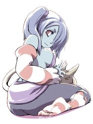 Rule 34 | 1girl, ass, blue hair, blue skin, blush, breasts, colored skin, covered erect nipples, detached sleeves, dress, from behind, hair over one eye, highres, leviathan (skullgirls), looking back, mtk hoshi, side ponytail, sideboob, sitting, skullgirls, solo, squigly (skullgirls), stitched mouth, stitches, striped legwear
