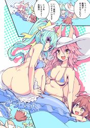 Rule 34 | 10s, 3girls, :d, ahoge, animal ear fluff, animal ears, ass, bare shoulders, bikini, bow, breasts, brown eyes, brown hair, butt crack, chibi, cleavage, comic, falling, fang, fate/extra, fate/grand order, fate (series), fox ears, fox tail, fujimaru ritsuka (female), green hair, hair between eyes, hair bow, hat, highres, horns, innertube, kiyohime (fate), kiyohime (fate/grand order), kiyohime (swimsuit lancer) (fate), kiyohime (swimsuit lancer) (third ascension) (fate), large breasts, long hair, looking back, multiple girls, navel, open mouth, parted lips, pink hair, ponytail, short hair, side ponytail, smile, swim ring, swimsuit, tail, tamamo (fate), tamamo no mae (fate/extra), tamamo no mae (swimsuit lancer) (fate), translation request, water, wisespeak