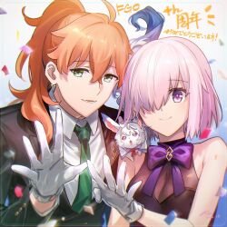 1boy 1girl aki_(neyuki41028) artist_name black_dress black_jacket bow collared_shirt confetti dated dress fate/grand_order fate_(series) finger_counting finger_counting_duo fou_(fate) gloves green_necktie hair_between_eyes hair_over_one_eye hair_over_shoulder happy_anniversary jacket long_hair long_sleeves looking_at_viewer mash_kyrielight mash_kyrielight_(under_the_same_sky) necktie orange_hair pink_hair ponytail purple_bow purple_eyes romani_archaman shirt short_hair signature sleeveless sleeveless_dress turtleneck turtleneck_dress white_gloves white_shirt wing_collar