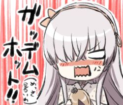 Rule 34 | 1girl, anastasia (fate), anger vein, bad id, bad pixiv id, blush, brown hairband, commentary request, crown, engiyoshi, fate/grand order, fate (series), hair over one eye, hairband, holding, light brown hair, long hair, looking at viewer, mini crown, nose blush, open mouth, silver hair, solo, translation request, very long hair, wavy mouth