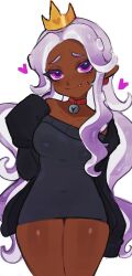 Rule 34 | 1girl, black dress, black jacket, closed mouth, collar, crown, dress, eyelashes, fang, furrowed brow, heart, highres, jacket, long hair, looking at viewer, nintendo, octoling, octoling girl, octoling player character, open clothes, open jacket, pencil dress, pink eyes, porl, purple hair, red collar, short dress, simple background, sleeves past fingers, sleeves past wrists, smile, solo, splatoon (series), standing, strapless, strapless dress, tentacle hair, very long hair, white background