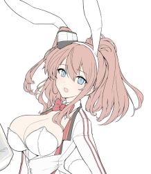 Rule 34 | 1girl, alternate costume, animal ears, blue eyes, breasts, brown hair, cleavage, hair ornament, halcon, kantai collection, large breasts, leotard, looking at viewer, neck ribbon, open mouth, playboy bunny, ponytail, rabbit ears, rabbit tail, red ribbon, ribbon, saratoga (kancolle), simple background, solo, tail, upper body, white background