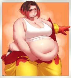 Rule 34 | 1girl, absurdres, alternate body size, better-with-salt, breasts, brown hair, cleavage, cropped legs, fat, hair intakes, highres, huge breasts, jumpsuit, large breasts, navel, obese, pokemon tcg, red eyes, red hair, short hair, solo, standing, steaming body, sweat, tank top, undressing, welder (pokemon), white tank top