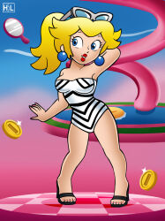 Rule 34 | 1girl, arm behind head, armpits, blonde hair, blue eyes, breasts, feet, heels, highres, large breasts, legs, mario (series), nintendo, one-piece swimsuit, ponytail, princess, princess peach, red lips, smile, solo, sunglasses, swimsuit, thighs