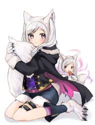 Rule 34 | 1girl, animal ears, animal hands, cape, collar, dark persona, dual persona, fake animal ears, fire emblem, fire emblem awakening, fire emblem heroes, gloves, glowing, glowing eyes, grima (fire emblem), halloween costume, highres, kneeling, long hair, nintendo, official alternate costume, outstretched hand, paw gloves, puni y y, red eyes, robin (female) (fire emblem), robin (fire emblem), silver hair, simple background, smile, thigh strap, twintails, white background