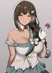 Rule 34 | 1girl, absurdres, ahoge, armpit crease, asymmetrical clothes, beyond the bluesky (idolmaster), blush, breasts, breath, brown hair, chiheisennodoria minor7th, cleavage, collarbone, condom, condom wrapper, detached collar, gloves, grey background, half-closed eyes, highres, holding, holding condom, huge breasts, idolmaster, idolmaster shiny colors, kuwayama chiyuki, long braid, looking at viewer, simple background, single bare shoulder, smile, solo, white gloves