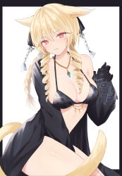 Rule 34 | 1girl, absurdres, animal ears, black gloves, black jacket, blonde hair, breasts, cat ears, cat tail, cleavage, drill hair, drill sidelocks, facial mark, final fantasy, final fantasy xiv, gloves, highres, jacket, jewelry, large breasts, long hair, miqo&#039;te, necklace, open clothes, open jacket, red eyes, sana (sanamaru 0w0), sidelocks, solo, swept bangs, tail