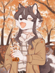 Rule 34 | 1girl, animal ear piercing, animal ears, animal nose, autumn, autumn leaves, belt, black hair, blush, breath, brown jacket, closed eyes, coffee cup, commentary, cup, disposable cup, dog ears, dog tail, drawstring, drinking straw, falling leaves, fangs, food-themed hair ornament, frappuccino, furry, furry female, hair ornament, hand in pocket, highres, holding, holding cup, hood, hood down, hoodie, huckypaw, jacket, leaf, multicolored hair, multiple tails, open mouth, original, outdoors, peach hair ornament, red nails, short hair with long locks, solo, striped clothes, striped hoodie, symbol-only commentary, tail, tree, whipped cream, white hair
