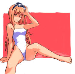 Rule 34 | 1girl, arm support, bare shoulders, barefoot, breasts, brown eyes, casual one-piece swimsuit, diving mask, feet, female focus, goggles, highleg, highleg swimsuit, long hair, one-piece swimsuit, orange hair, original, sitting, solo, spread legs, strapless, strapless one-piece swimsuit, swimsuit, yuuji (and)