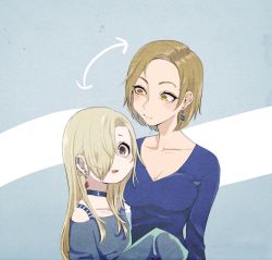 Rule 34 | 2girls, age difference, alternate costume, alternate hairstyle, arrow (symbol), bad id, bad twitter id, blonde hair, blue background, blue shirt, breasts, choker, cleavage, collarbone, commentary request, drop earrings, earclip, earrings, eyelashes, hair over one eye, hairstyle switch, height difference, highres, idolmaster, idolmaster cinderella girls, jewelry, long hair, looking at another, looking at viewer, matsunaga ryo, multiple girls, norota, off-shoulder shirt, off shoulder, red eyes, shirasaka koume, shirt, sleeves past wrists, spaghetti strap, upper body, v-neck, yellow eyes
