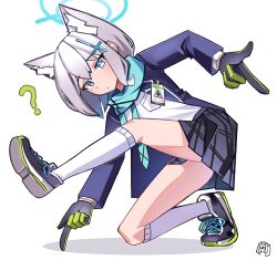 Rule 34 | 1girl, ?, absurdres, animal ear fluff, animal ears, bent over, black jacket, black skirt, blazer, blue archive, blue eyes, blue necktie, blue scarf, collared shirt, commentary request, cross hair ornament, grey hair, hair between eyes, hair ornament, halo, highres, id card, index finger raised, jacket, kneeling, long sleeves, looking at viewer, medium hair, mismatched pupils, necktie, parody, plaid, plaid skirt, pleated skirt, scarf, school uniform, shiroko (blue archive), shirt, shoes, sidelocks, simple background, skirt, sneakers, solo, sonic (series), sonic adventure, tsunderemaids, two-tone gloves, white background, wolf ears, wolf girl