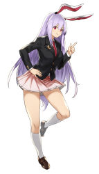 Rule 34 | 1girl, blazer, breasts, brown footwear, buttons, closed mouth, commentary, crescent, crescent pin, finger gun, full body, hand on own hip, highres, houtengeki, jacket, kneehighs, large breasts, leaning forward, leg up, loafers, long hair, long sleeves, looking at viewer, miniskirt, necktie, pink eyes, pink skirt, pleated skirt, purple hair, red necktie, reisen udongein inaba, shoes, simple background, skirt, smile, socks, solo, standing, touhou, very long hair, white background, white socks