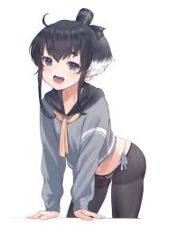Rule 34 | 1girl, absurdres, arm support, black hair, black pantyhose, blush, commentary request, hat, highres, kanae (inorin05kanae), kantai collection, long sleeves, looking at viewer, mini hat, multicolored hair, no pants, open mouth, panties, panties under pantyhose, pantyhose, short hair with long locks, side-tie panties, sidelocks, simple background, smile, solo, thick eyebrows, tokitsukaze (kancolle), underwear, white background, white panties