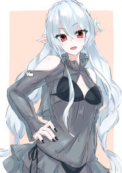 Rule 34 | 1girl, absurdres, arknights, bare shoulders, bikini, black footwear, black nails, black shirt, blouse, blush, border, braid, breasts, brown background, clothing cutout, cowboy shot, crown braid, fang, grey hair, hair between eyes, hand on own hip, highres, long hair, looking at viewer, maiq06, nail polish, navel, official alternate costume, open mouth, pale skin, pointy ears, red eyes, see-through, see-through shirt, shirt, shoulder cutout, side-tie bikini bottom, simple background, small breasts, solo, swimsuit, very long hair, warfarin (arknights), warfarin (casual vacation) (arknights), white border